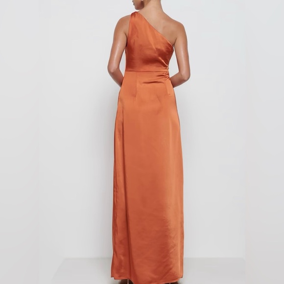 Brown One Shoulder Ruched Gown with Slit - Picture 2 of 9